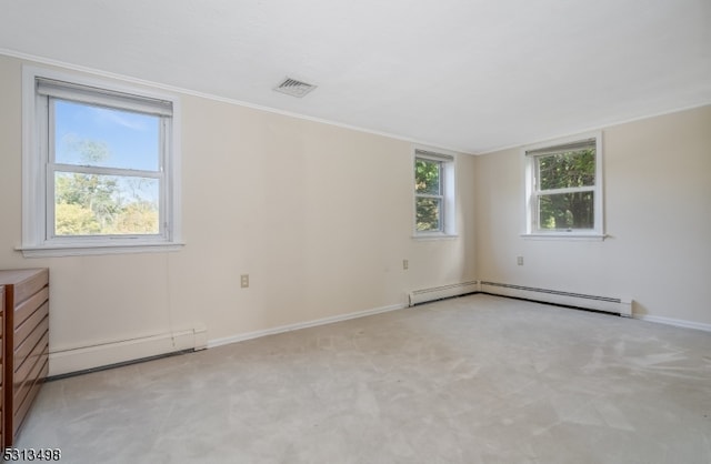 carpeted empty room with a healthy amount of sunlight, ornamental molding, and a baseboard radiator