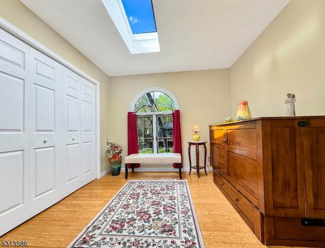 interior space featuring light wood-type flooring and a skylight