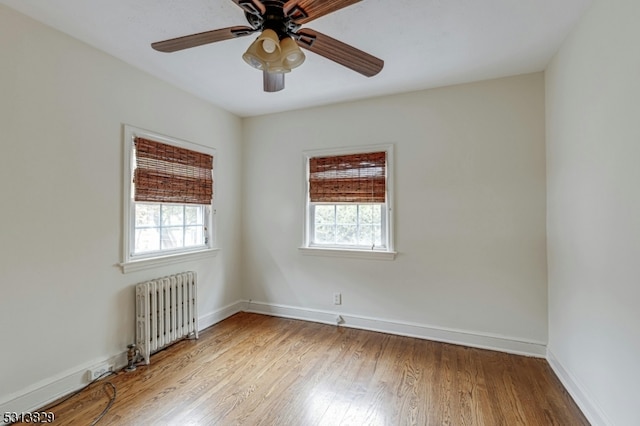 empty room featuring ceiling fan, light hardwood / wood-style flooring, radiator heating unit, and a wealth of natural light