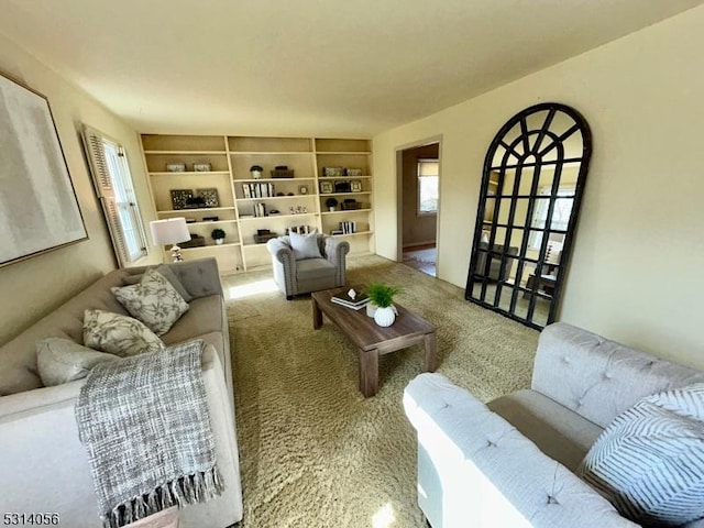 living area featuring carpet flooring