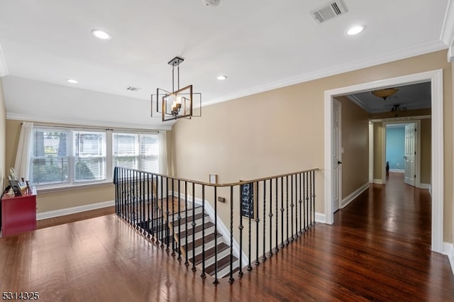 corridor with a notable chandelier, dark wood-type flooring, and crown molding