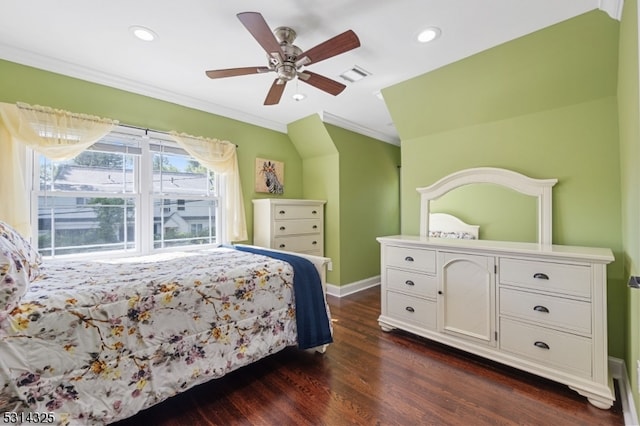 bedroom featuring ceiling fan, ornamental molding, and dark hardwood / wood-style flooring