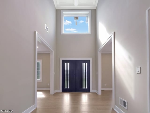 entrance foyer with a high ceiling and light hardwood / wood-style flooring