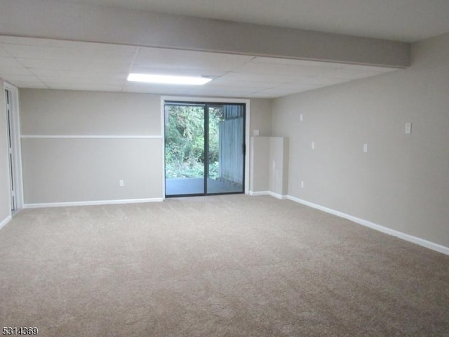 spare room with carpet flooring and a paneled ceiling