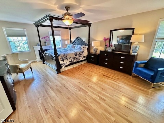 bedroom featuring multiple windows, light hardwood / wood-style flooring, and ceiling fan