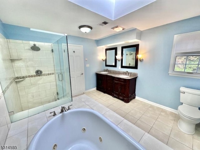 full bathroom featuring plus walk in shower, vanity, tile patterned flooring, and toilet