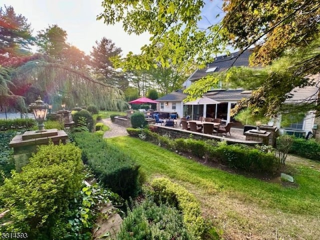 view of yard with outdoor lounge area and a patio