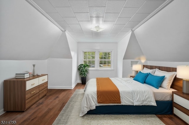 bedroom featuring lofted ceiling and dark hardwood / wood-style floors