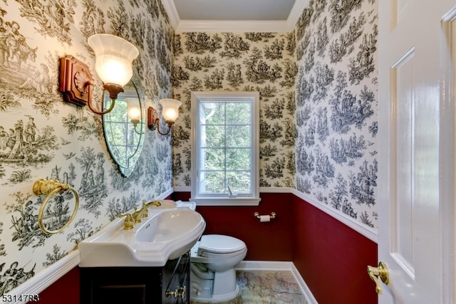 bathroom with ornamental molding, vanity, and toilet