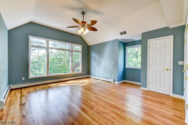 interior space with light hardwood / wood-style floors, ceiling fan, vaulted ceiling, and baseboard heating