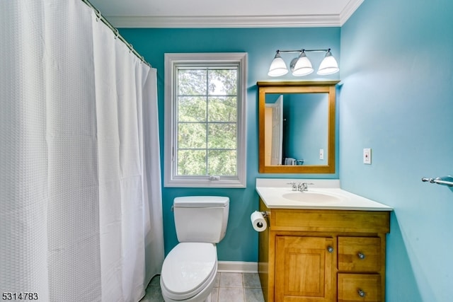 bathroom featuring vanity, crown molding, toilet, and tile patterned flooring