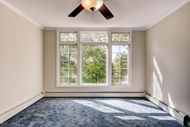 spare room with a baseboard heating unit, carpet, ceiling fan, and crown molding