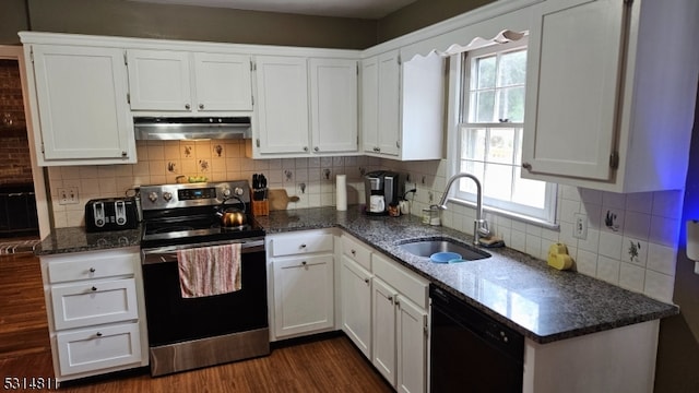 kitchen featuring white cabinets, sink, range hood, stainless steel range with electric cooktop, and black dishwasher