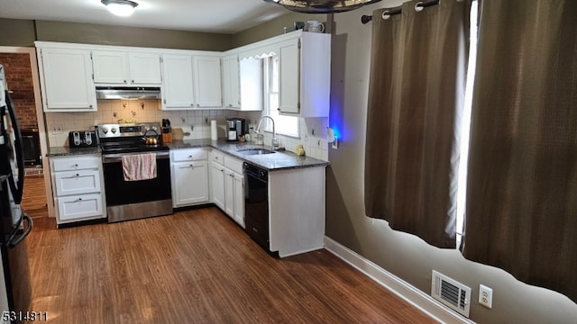 kitchen featuring white cabinetry, electric range, dark wood-type flooring, and sink