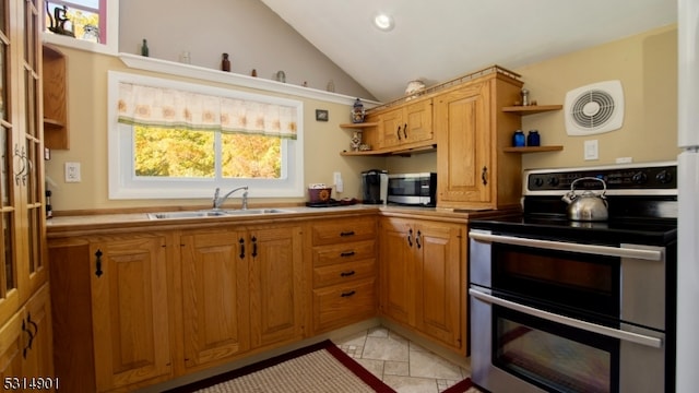 kitchen featuring vaulted ceiling, sink, and stainless steel appliances