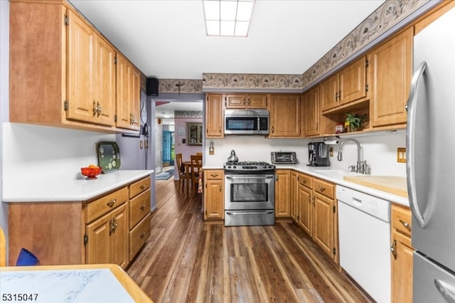 kitchen with sink, stainless steel appliances, and dark hardwood / wood-style flooring