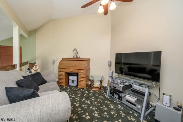 carpeted living room featuring ceiling fan and vaulted ceiling