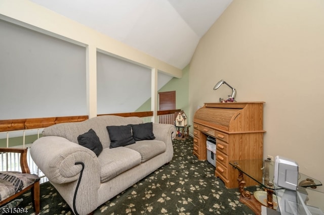 living area featuring carpet floors and lofted ceiling