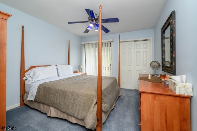 carpeted bedroom with a closet and ceiling fan