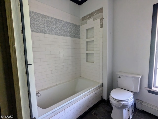 bathroom with tile patterned flooring, toilet, and a baseboard heating unit