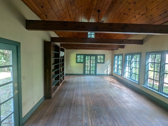 interior space featuring lofted ceiling with beams, dark wood-type flooring, wooden ceiling, and a healthy amount of sunlight