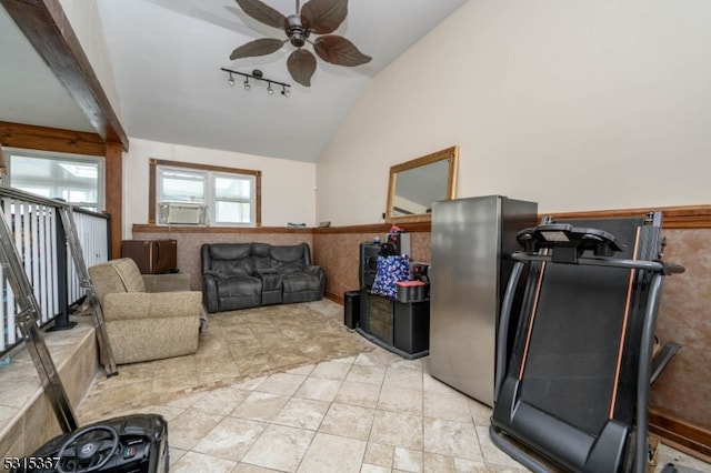 living room with light tile patterned floors, lofted ceiling, ceiling fan, and cooling unit