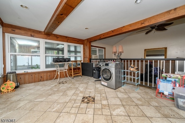 washroom featuring tile patterned flooring, ceiling fan, and washer / dryer