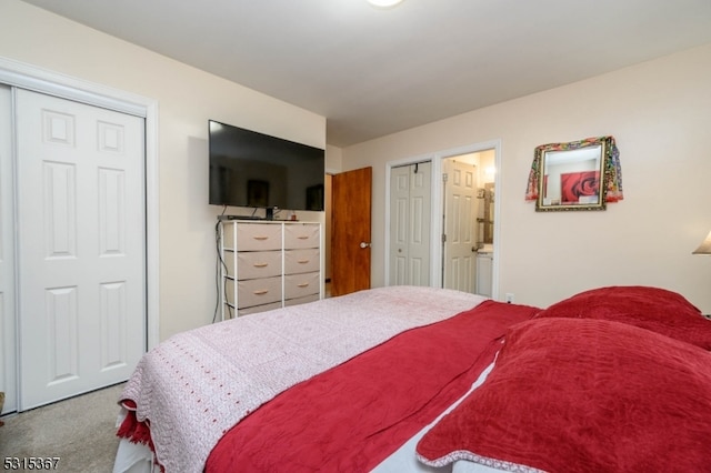 carpeted bedroom with connected bathroom