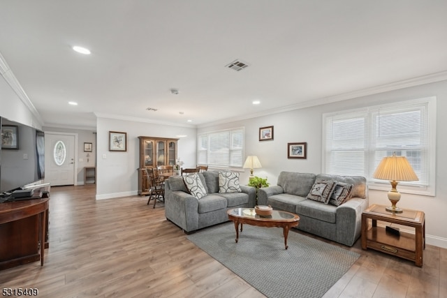 living room featuring crown molding and light hardwood / wood-style flooring