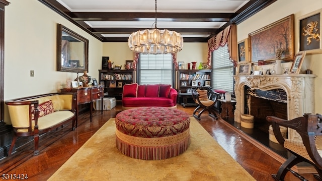 living area with dark parquet floors, a chandelier, beamed ceiling, and a high end fireplace