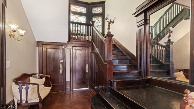 stairs with parquet floors