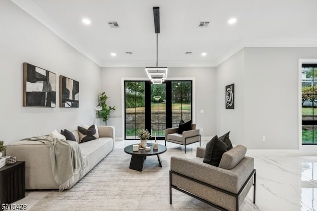 living room featuring ornamental molding