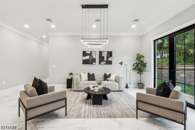 living area featuring recessed lighting, visible vents, marble finish floor, and crown molding
