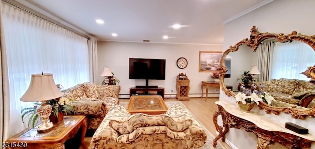 living room with crown molding, light hardwood / wood-style floors, a baseboard heating unit, and a wealth of natural light