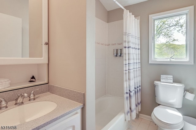 full bathroom with shower / bath combination with curtain, vanity, toilet, and tile patterned floors