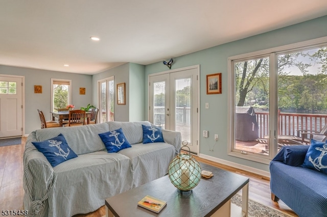 living room featuring light hardwood / wood-style flooring and french doors