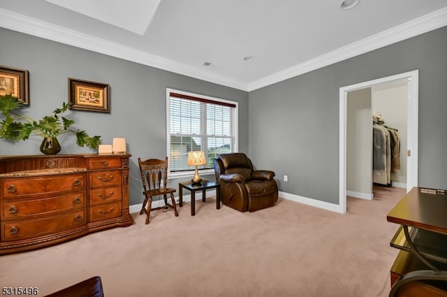 living area featuring crown molding and light carpet