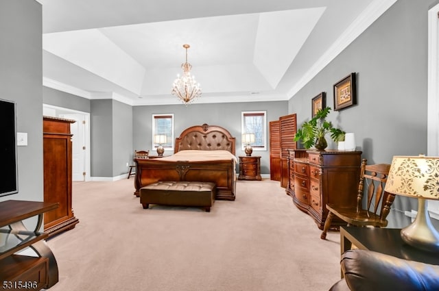 bedroom with crown molding, light carpet, an inviting chandelier, and a raised ceiling