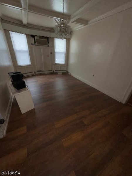 interior space with a chandelier, a wall unit AC, beamed ceiling, and dark hardwood / wood-style flooring