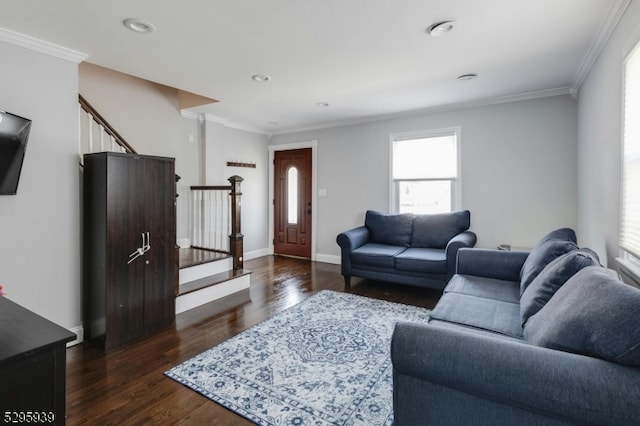 living room with dark hardwood / wood-style floors and ornamental molding