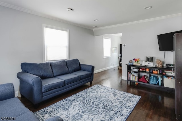 living room featuring ornamental molding, dark hardwood / wood-style flooring, and a healthy amount of sunlight