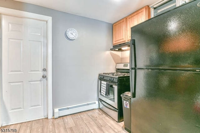 kitchen featuring a baseboard heating unit, stainless steel range with gas stovetop, light hardwood / wood-style flooring, light brown cabinets, and black refrigerator