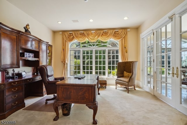 carpeted office featuring french doors and a wealth of natural light