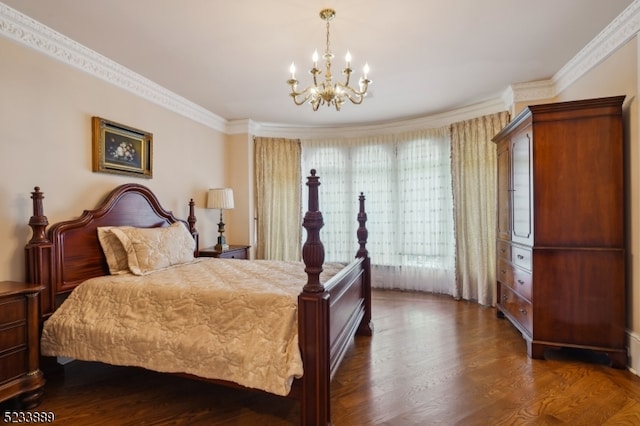 bedroom featuring ornamental molding, dark hardwood / wood-style floors, and a notable chandelier