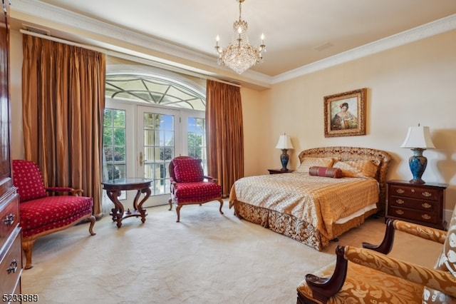 bedroom featuring carpet flooring, crown molding, and a chandelier