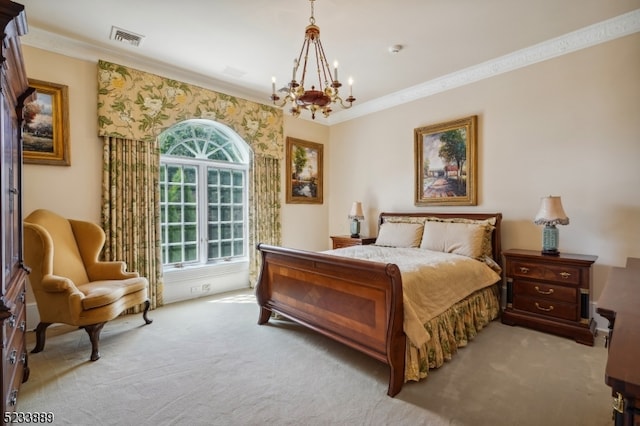 bedroom featuring light carpet, an inviting chandelier, and crown molding