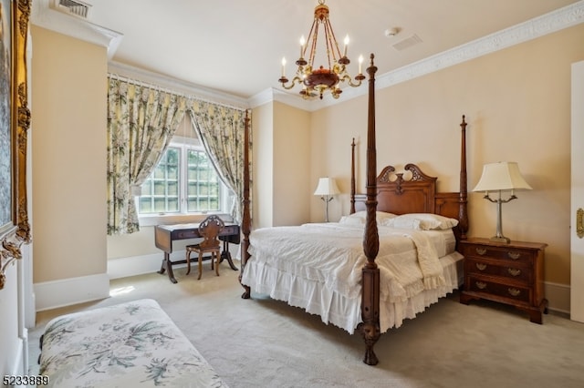 carpeted bedroom featuring an inviting chandelier and crown molding