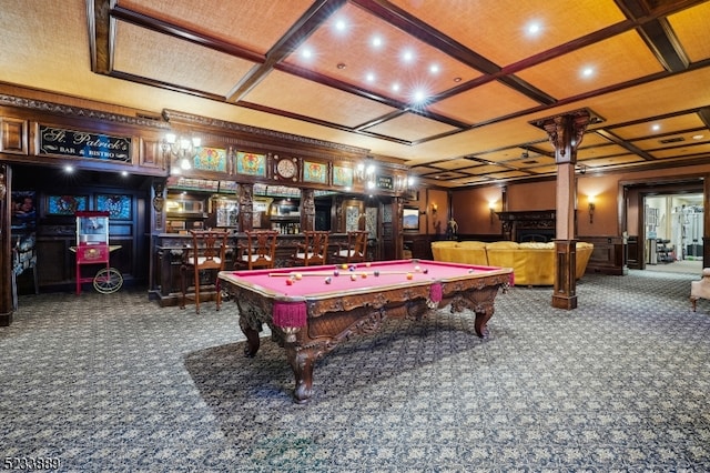 game room featuring coffered ceiling, dark carpet, and billiards