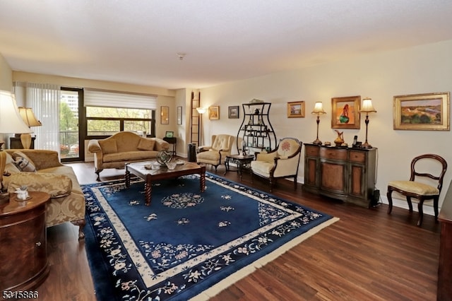 living room with dark hardwood / wood-style flooring