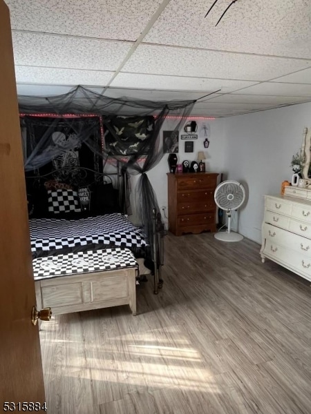 bedroom with a drop ceiling and dark hardwood / wood-style floors